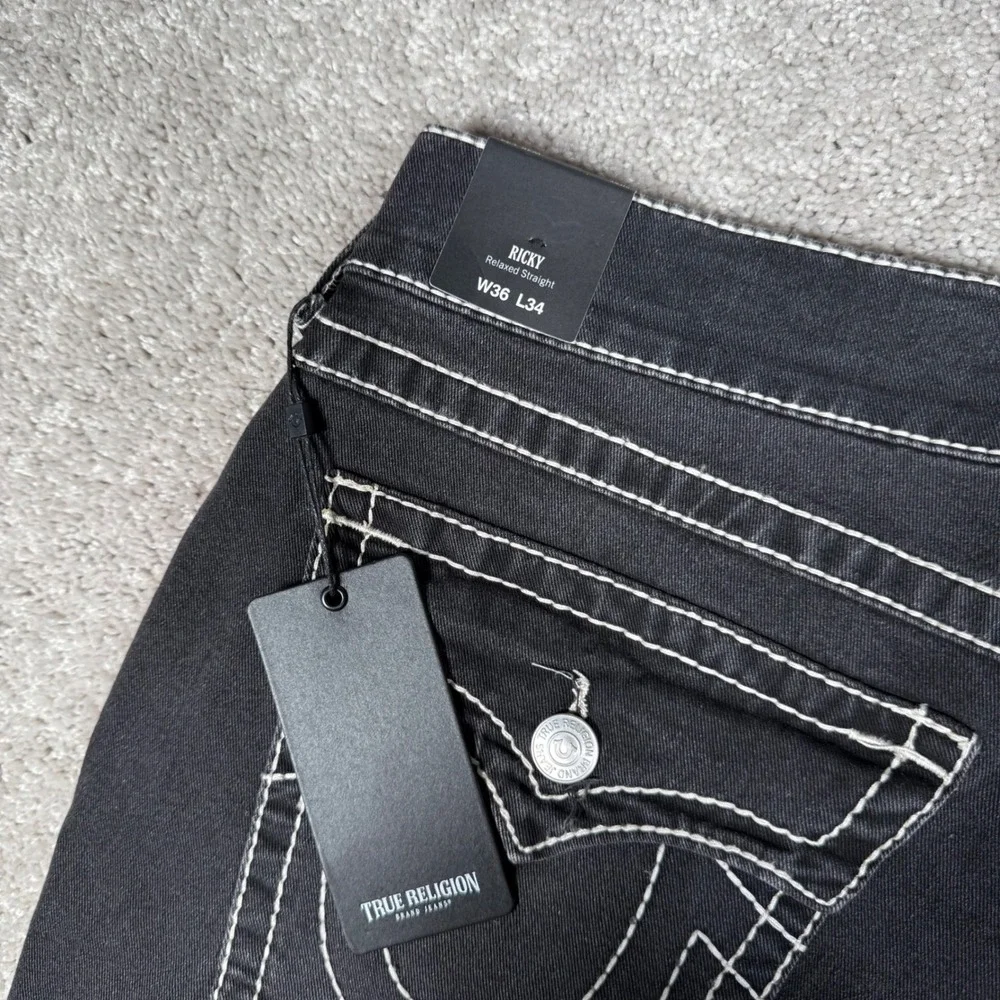 NWT True Religion Ricky Big‎ T Flap Straight Men's 36x33 Jeans Grey Smoky Denim